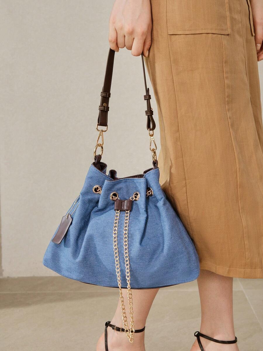 MOTF WOMEN'S FASHION SHOULDER BAG, CASUAL RETRO BLUE SPLICING, EXQUISITE CHAIN TOTE BAG, SUITABLE FOR DAILY, COMMUTING, SHOPPING, VACATION, TRAVEL, VERSATILE - Blue coffee - View 1