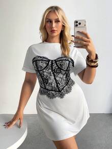 Auralis Basic Summer White Short-Sleeved Plus-Size Loose Straight Dress With Lace Print, Modern And Elegant Sexy. Date Night - White - View 7