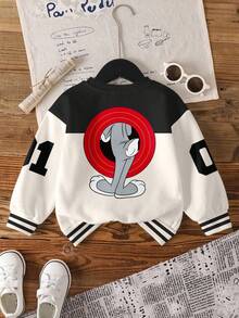 LOONEY TUNES X SHEIN 男童休闲时尚街头运动卡通兔子数字字母图案撞色保暖卫衣，秋冬款 - 白色 - 查看 2