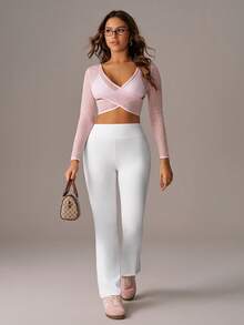 SHEIN Sovereign Charm Women's Solid Color Criss-Cross Design Long Sleeve Cropped Sports T-Shirt - Pink - View 7