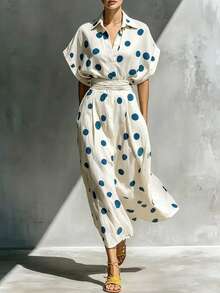 EMERY ROSE Women's Polka Dot Pattern Batwing Sleeve Casual Midi Dress - Blue and White - View 3