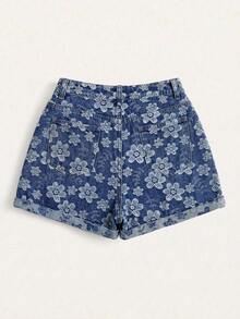 GlowEve Summer Rolled Hem Floral Pattern High-Rise Denim Shorts - Blue - View 2