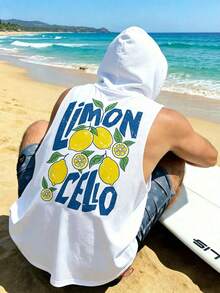 Manfinity Dauomo Men's Casual Vacation Style Lemon Print Hooded Tank Top , White , Suitable For Summer And Vacation Wear , Exquisite Design , Summer Essential , Fashionable, Showcasing Personalized - White - View 6