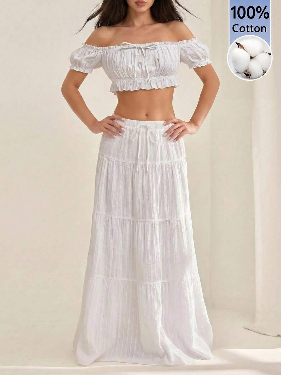 SHEIN PETITE 露肩上衣與休閒裙套裝,100%棉提花布料,適合嬌小女性 - 白色 - 查看 1