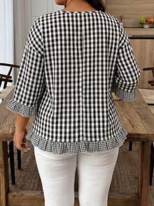 Weeklong Plus Size Women's Casual Plaid Ruffle Trim Short Sleeve Blouse, Versatile For Summer - Black and White - View 2