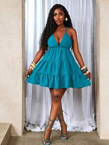 BamGleam Vestido de unicolor con lazo, espalda descubierta y cuello halter con capas - Agua verde azul - Ver 4