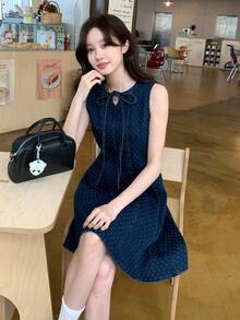 DAZY 女款圓領波點無袖牛仔洋裝 夏季 - 藍色 - 查看 9