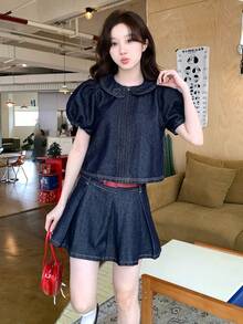 DAZY Women's Collared Washed Korean Style Denim Top And Pleated Skirt Casual Denim Set School Summer - Blue - View 7