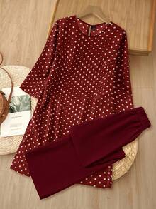 Rusticease 2pc Set Plus Size Women's Summer/Fall Casual Wine Red Polka Dot Round Neck 3/4 Sleeve Side Slit Long Top And Wide Leg Pants Set With Pockets,Autumn - Burgundy - View 7