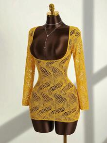 Zestiva 26SS Women's Sexy Fitted Hollow Design Ultra Low Cut Scoop Neck Cover Up Club Night Butter Yellow Summer - Yellow - View 5