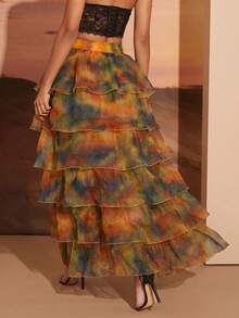 Hauture Women's High Waist Tie-Dye Multi-Layer Ruffle Fashion Skirt - Multicolor - View 2