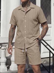 Manfinity CasualCool Men's Solid Color Single-Breasted Short Sleeve Shirt And Shorts Casual Daily 2 Pieces Set - Multicolor - View 5