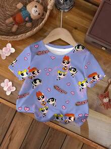 THE POWERPUFF GIRLS X SHEIN 女婴休闲卡通印花上衣，夏季 - 白色 - 查看 7