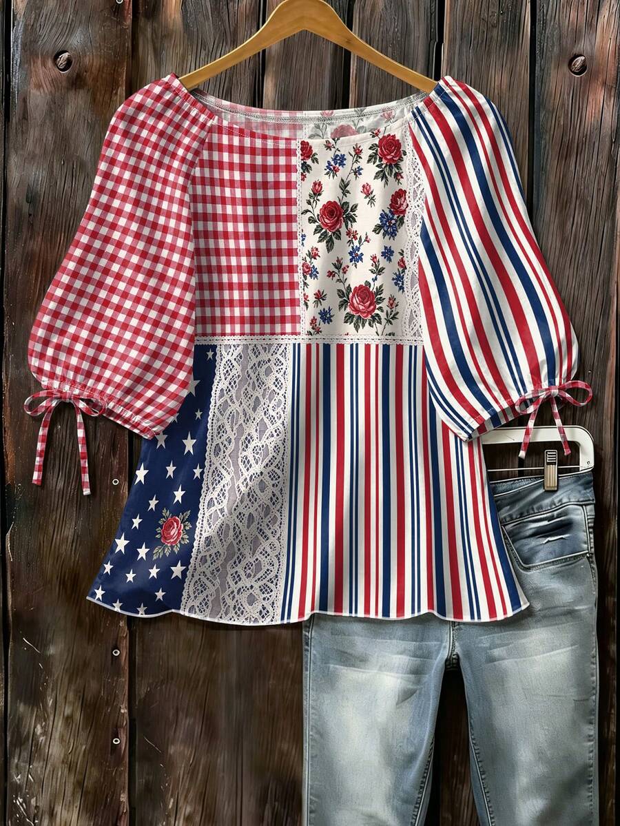 EMERY ROSE Camisa de cuello redondo con mangas 3/4 tejida con patrón de patchwork a cuadros, rayas, estrellas y flores - Multicolor - Ver 1