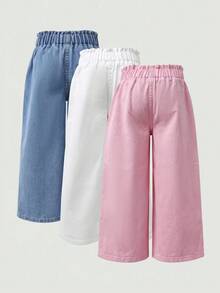 SHEIN 3pcs Dark Blue, Medium Blue, Light Blue Loose Denim Long Pants For Girls - Multicolor - View 2