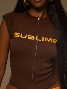 MUSERA 圖案針織拉鍊短袖上衣 夏季度假 伊比薩音樂節 Sublime 風格 - 咖啡棕 - 查看 2