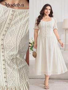 Modelyn Plus Size Women's Geometric Textured Short Puff Sleeve Elegant Dress Wedding Guest White Summer - Apricot - View 1