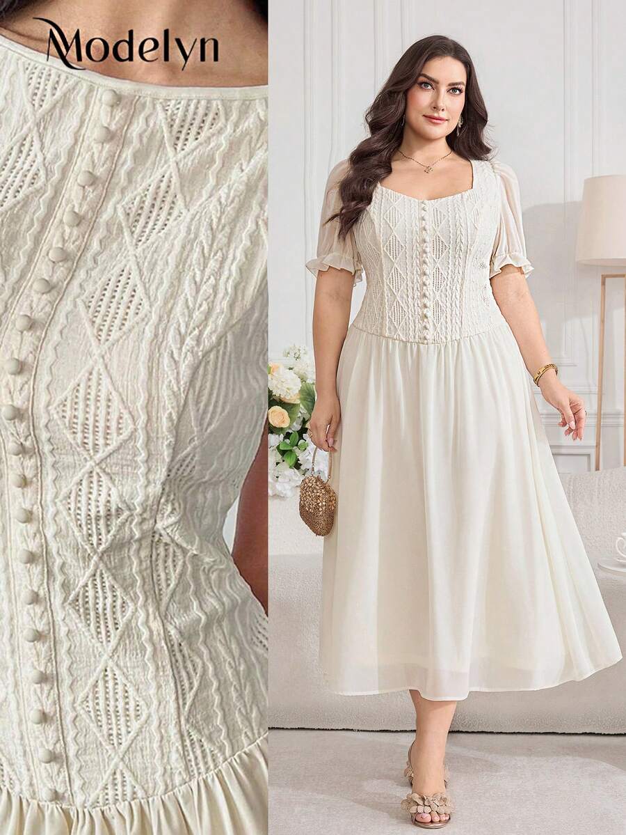 Modelyn Plus Size Women's Geometric Textured Short Puff Sleeve Elegant Dress Wedding Guest White Summer - Apricot - View 1
