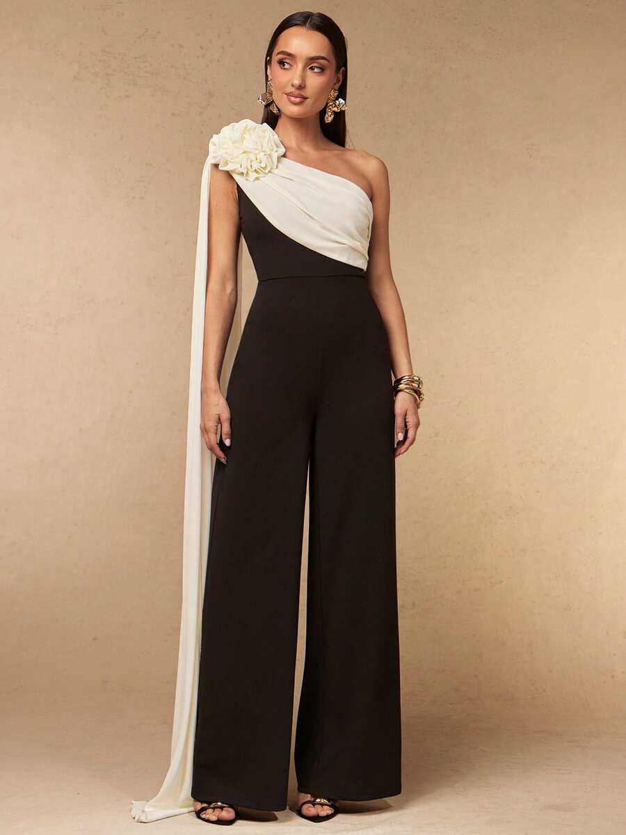 Silquee Women's 3D Floral Decor One-Shoulder Colorblock Casual Everyday Outing Jumpsuit - Black - View 1