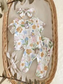 SHEIN 3pcs/Set Spring/Summer Newborn Baby Girl Loungewear Set, Apricot Color, Cute Ditsy Floral & Rabbit - White - View 2