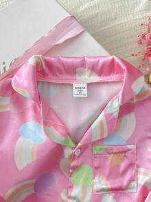 SHEIN Girls' Pink Rainbow Print Collar Open Front Short Sleeve Shorts Set Flame Retardant Loungewear - Pink - View 3