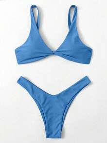 Swim Chiccia 女款夏季海灘純色扭花性感比基尼泳衣套裝 - 藍色 - 查看 4