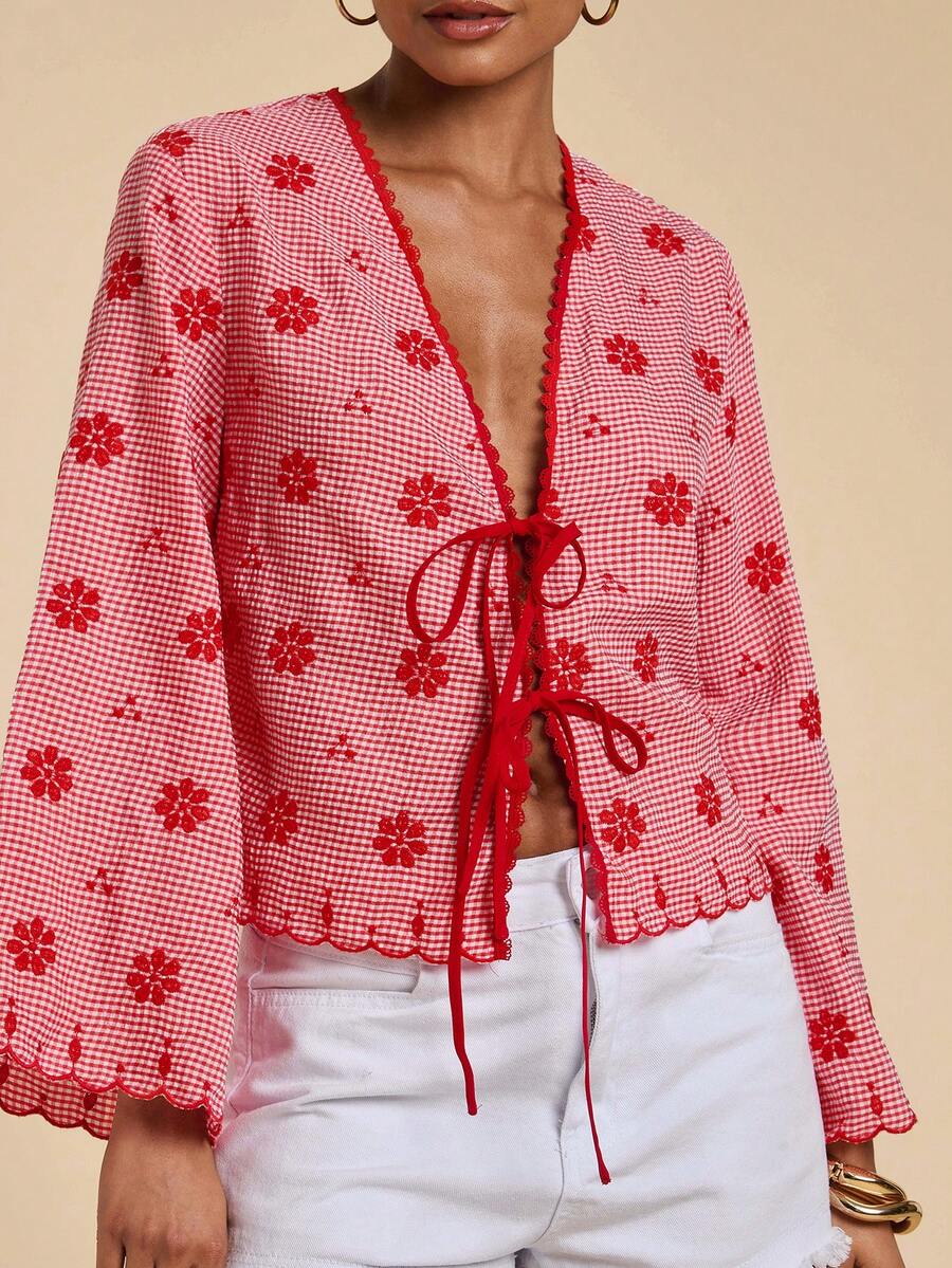 Travachic 女款格紋花卉刺繡圖案休閒百搭日常出遊襯衫 - 紅色 - 查看 1