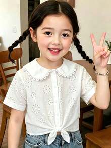 SHEIN Genkimix Kids 少女度假海灘休閒百搭刺繡鏤空白色寬鬆短袖襯衫，適合假期、夏季、旅行 - 白色 - 查看 10