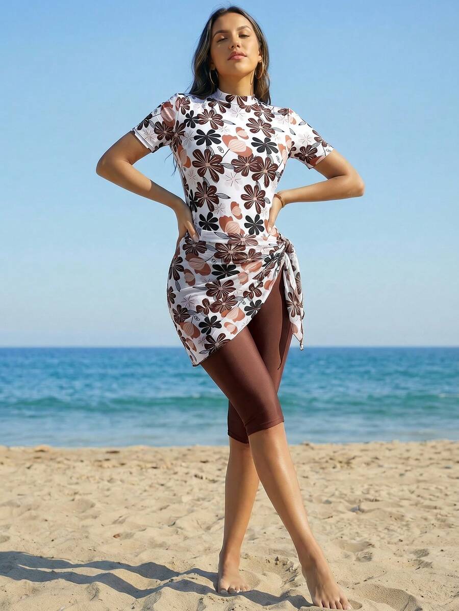 Swim Mulvari 女款花卉印花立領側腰綁帶裝飾不對稱下擺短袖布基尼泳衣 - 彩色 - 查看 1