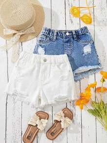 SHEIN 2pcs Young Girl Pocketed Button Distressed Frayed Hem Casual Versatile Daily Wear Denim Shorts - Multicolor - View 1