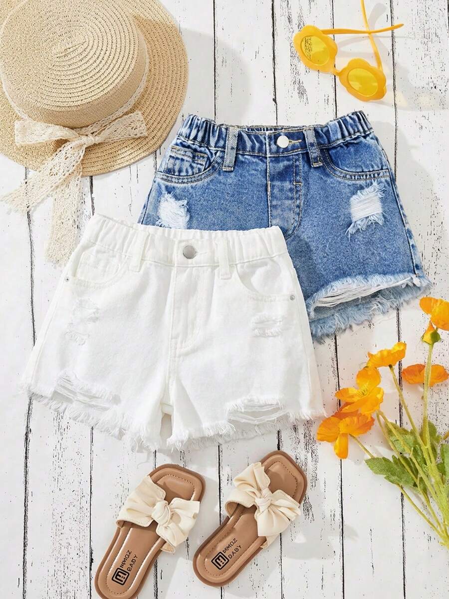SHEIN 2pcs Young Girl Pocketed Button Distressed Frayed Hem Casual Versatile Daily Wear Denim Shorts - Multicolor - View 1