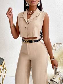 SOLERSUN Women's Solid Color Notched Lapel Single-Breasted Cropped Casual Blazer Vest For Autumn - Apricot - View 4