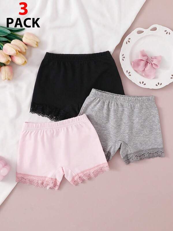 3pcs Girls' Lace Patchwork Pure Cotton Solid Color Comfortable Soft Hipster Panties, The Best Gift For Girls