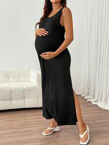 Slowluna Maternity Solid Color Round Neck Side Slit Hem Fitted Tank Dress Loungewear  - Black - View 5
