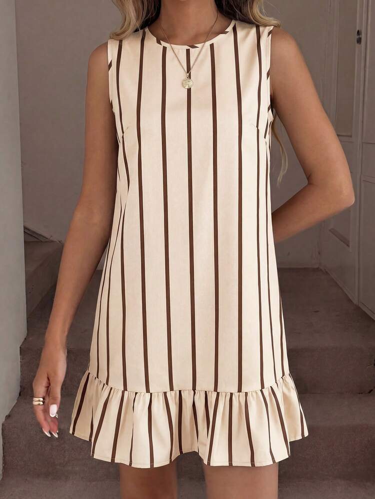 Easowa Round Neck Ruffle Hem A-Line Sleeveless Striped Casual Loose Elegant Commuter Old Money Style Vacation Spring Summer Women's Mini Dress - Khaki - View 5