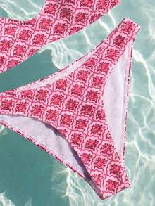 Swim Mod 2件組女款海灘時尚可愛度假海邊泳池泳池派對條紋波浪多彩印花細肩帶可調節微比基尼上衣與泳褲比基尼套裝 - 彩色 - 查看 5