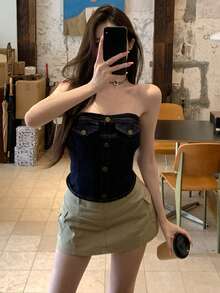 DAZY 春夏音樂節平口式背心上衣 時尚派對修身顯瘦優雅通勤女款牛仔上衣 - 深色水洗藍 - 查看 4