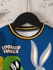 LOONEY TUNES X SHEIN 男婴休闲撞色字母卡通图案圆领卫衣，秋季 - 白色 - 查看 3