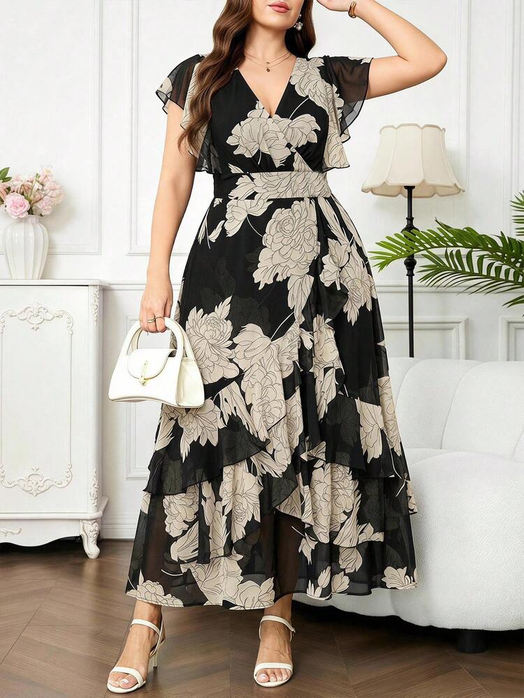 SHEIN Clasi Đầm dự tiệc thường ngày cổ chữ V in hoa dành cho nữ cỡ lớn - Nhiều màu - Xem 1