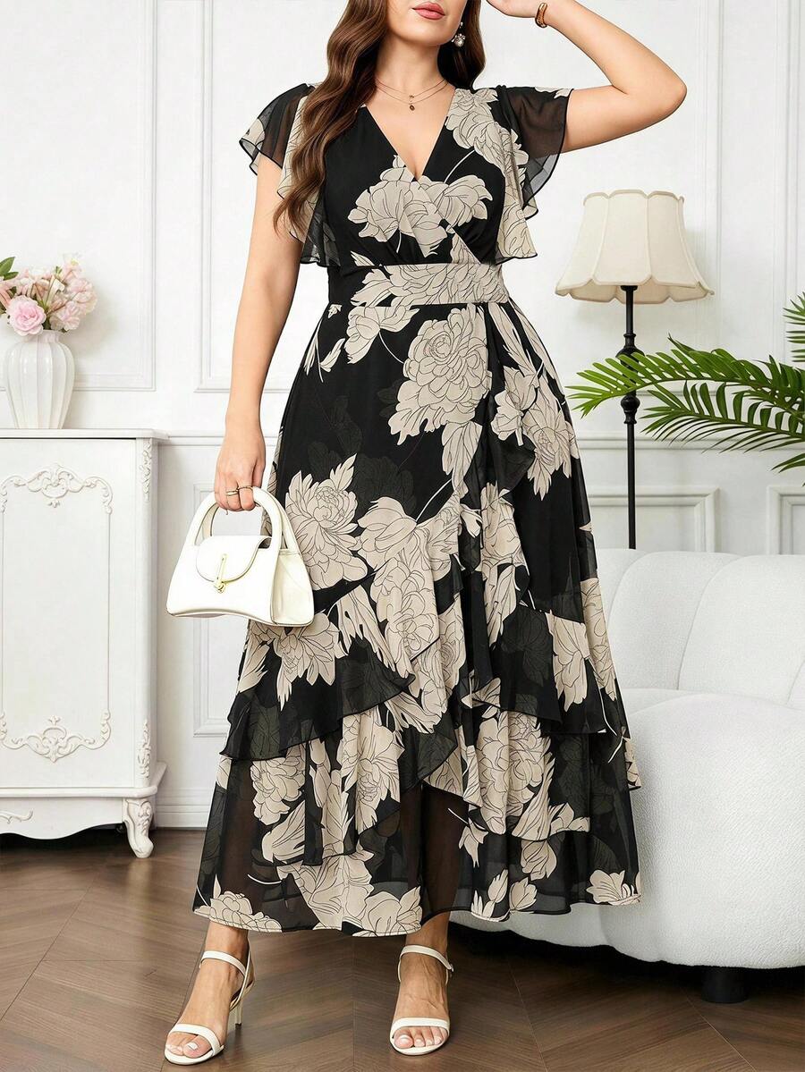 SHEIN Clasi 大码女式V领碎花休闲派对连衣裙 - 彩色 - 查看 1