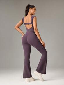 OutZeal Women Outdoor Jumpsuits Workout Gym Pilates Clothes UV Protection Buttery Soft Bra-In Flared Leg With Pocket - Purple - View 8