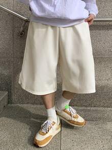 DAZY Solid White Elastic Waist Men's Shorts With Button Cuffs - White - View 7
