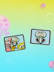 SpongeBob SquarePants | SHEIN 4件組新款創意卡通大頭貼紙立體金屬胸針套組，IP聯名設計，可愛個性化，簡約大方，亦可作為 - 白金 - 查看 7