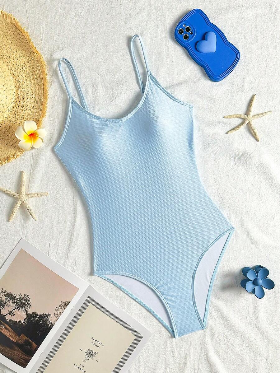 SHEIN 青少年女孩+青少年(女性)一件式泳衣 淺藍色條紋 特殊面料 肩帶式 休閒簡約貼身 適合海灘、度假、出遊、沙灘,適合夏季 - 藍色 - 查看 1