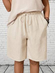 EMERY ROSE Plus Size Casual Solid Color Drawstring Waist Shorts, Summer Spring Country Style For Beach - White - View 1