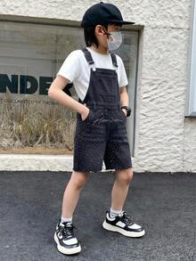 SHEIN Quần short denim dây rút dáng rộng thoải mái đính đá thiết kế phong cách đường phố cho bé trai tuổi teen - màu đen - Xem 4