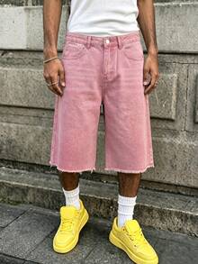Manfinity EMRG Men's Pink Loose Fit Pocket Wide Leg Frayed Hem DenimBermuda Shorts - Pink - View 3
