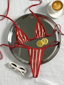 Swim Mod Women's Spring/Summer Halter Neck Jacquard Fabric Bikini Set - Red - View 2