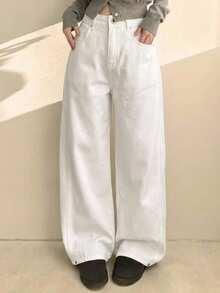 DAZY Solid Color Loose Button Decor Cuffed Hem Straight Leg Jeans - White - View 7