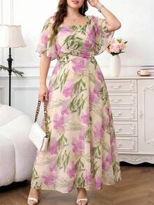 Reflora Plus Size Women's Floral Print Square Neck Ruffle Short Sleeve Elegant Dress - Multicolor - View 11